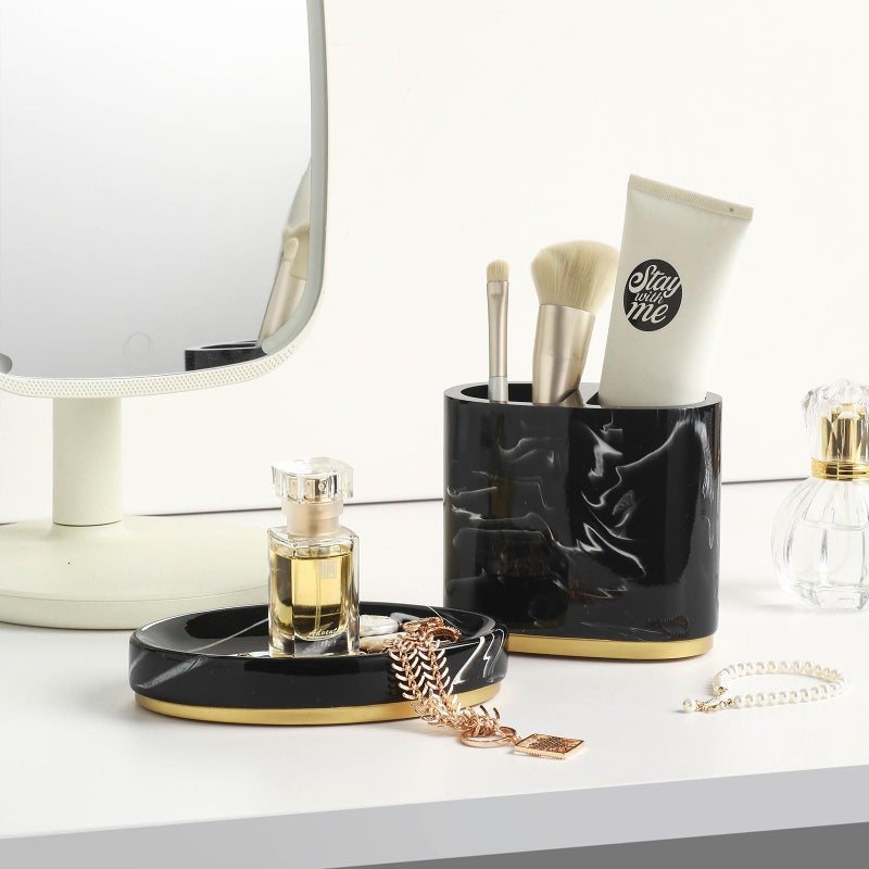 Jung Ford 5-Piece Bathroom Counter Top Accessory Set - Dispenser for Liquid Soap or Lotion, Soap Dish, Toothbrush Holder and 2 Tumblers, Gold Base, Marble Pattern Resin (Black) - Image 5
